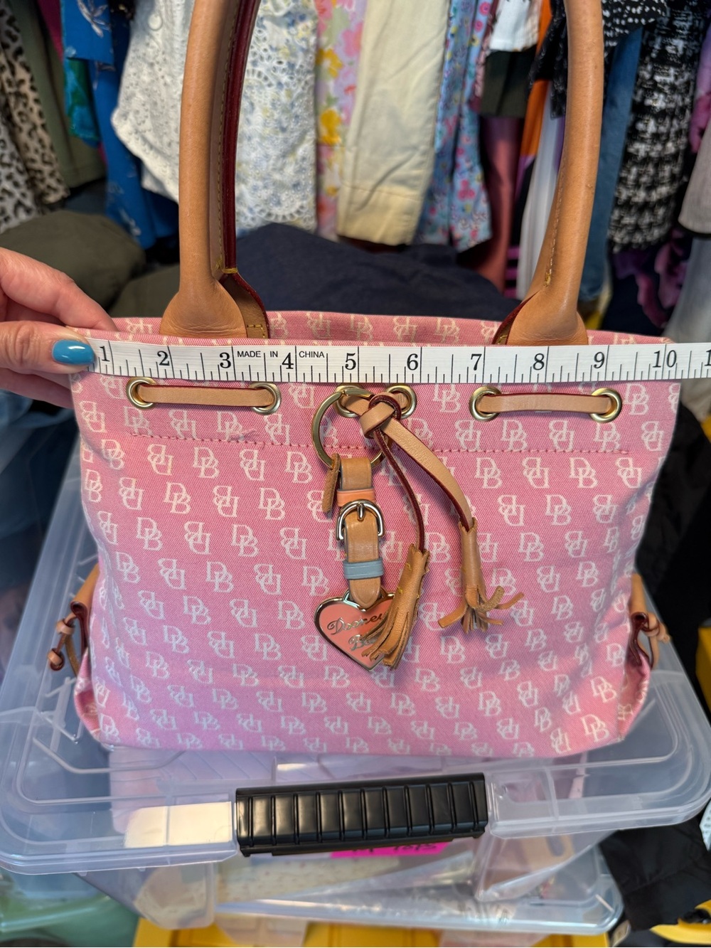Vintage Dooney & Bourke Pink Monogram Canvas Small Tote Satchel Y2K Heart Charm - Picture 12 of 14
